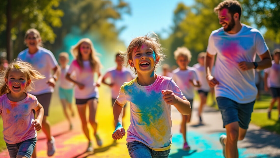 participez à la color run, une course familiale pleine de couleurs éclatantes et de joie contagieuse, idéale pour partager un moment fun et sportif en famille.